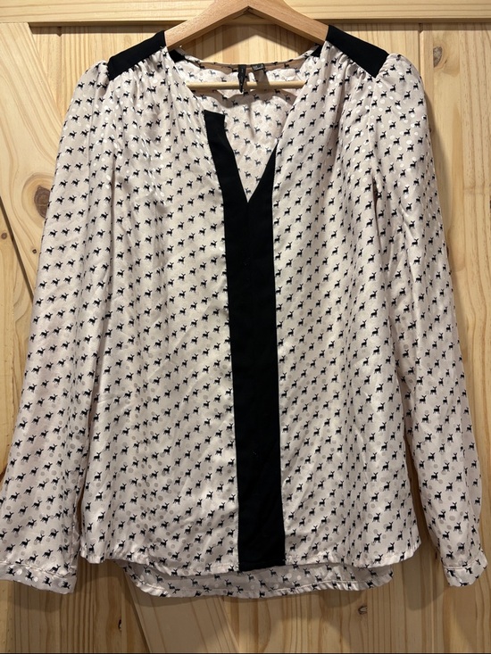 Mango Tops - Women's Cream Printed Long-Sleeve Blouse with Black Trim